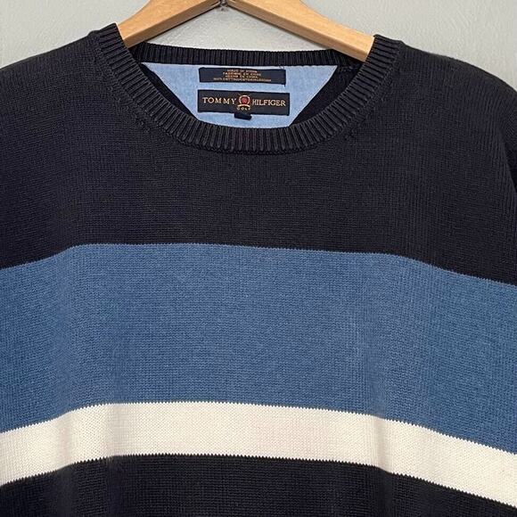 Tommy Hilfiger Mens Size Large Blue Striped Crew Sweater Preppy Sporty 90s Y2K - Picture 3 of 7